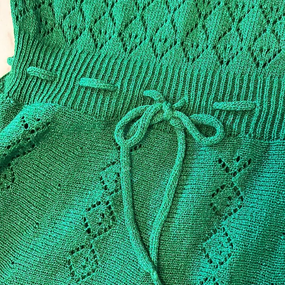Vintage green knit A line dress ties at shoulder sundress midi feminine - Picture 14 of 14